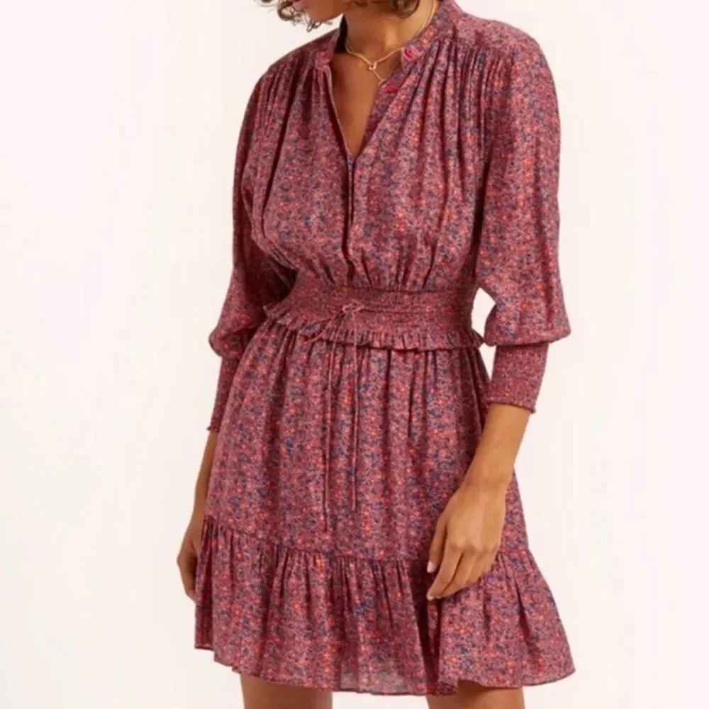 Rebecca Minkoff Chloe Floral Casual Smocked Waist Tiered Mini Dress Brown Red S